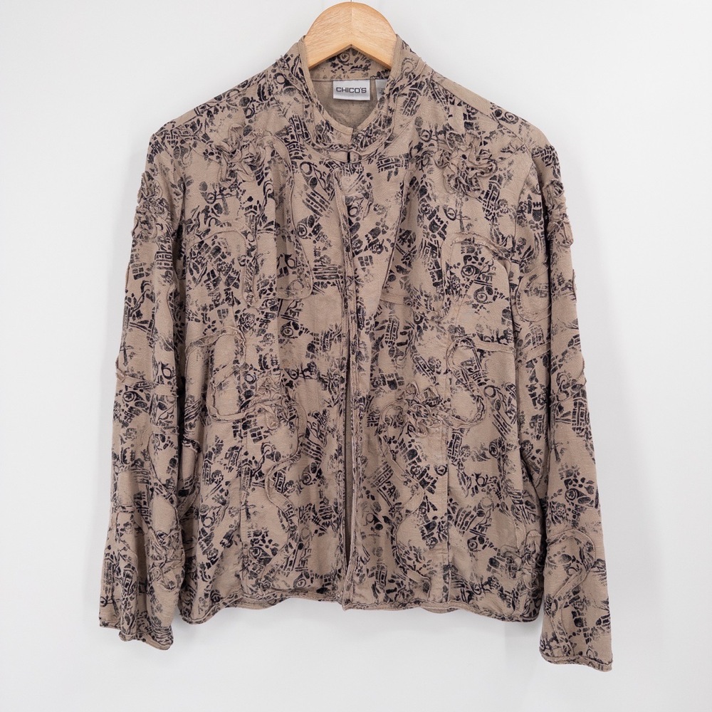 Chico's Silk Linen Textured Jacket L Sz‎ 2 Abstract Boho Artsy Floral Appliqué